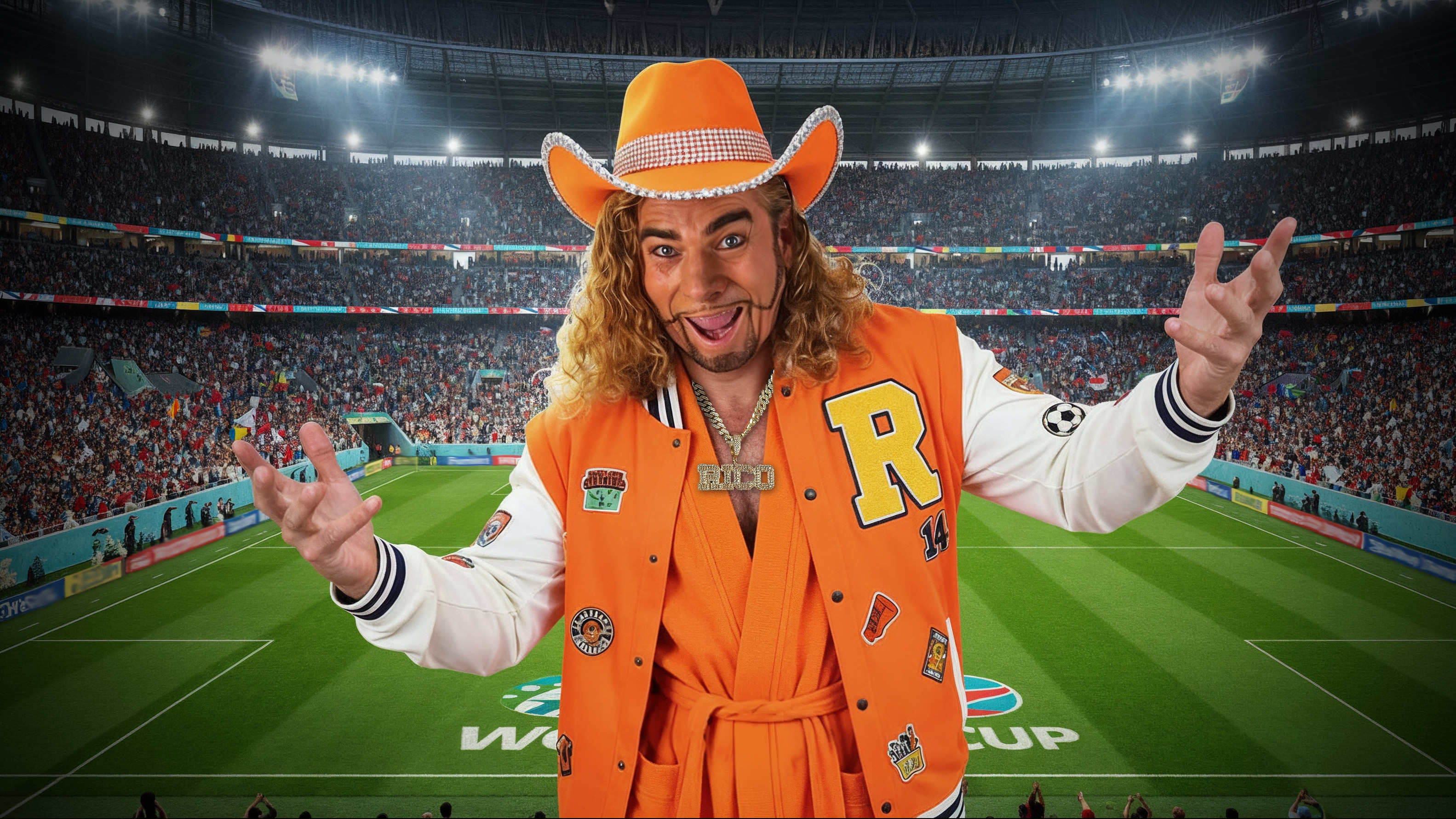 Rooie Rico met oranje juichjack en Wkamerjas WK 2026